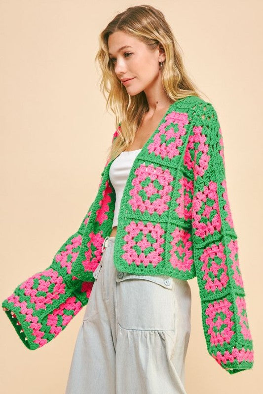 Davi & Dani Two Tone Flower Crochet Cardigan