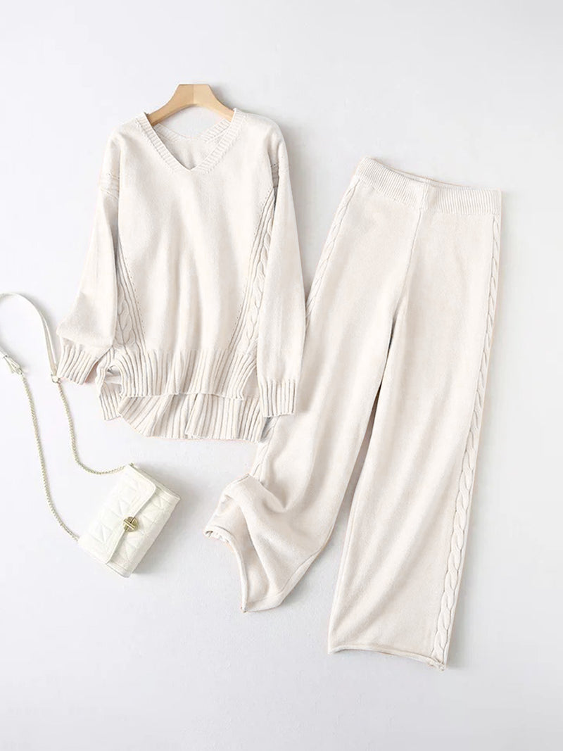 Slit V-Neck Long Sleeve Top and Pants Sweater Set