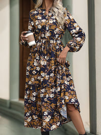 Perfee Printed Notched Long Sleeve Midi Dress