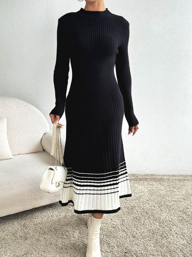 Contrast Mock Neck Long Sleeve Sweater Dress