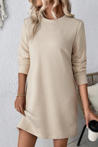 Textured Round Neck Long Sleeve Mini Dress