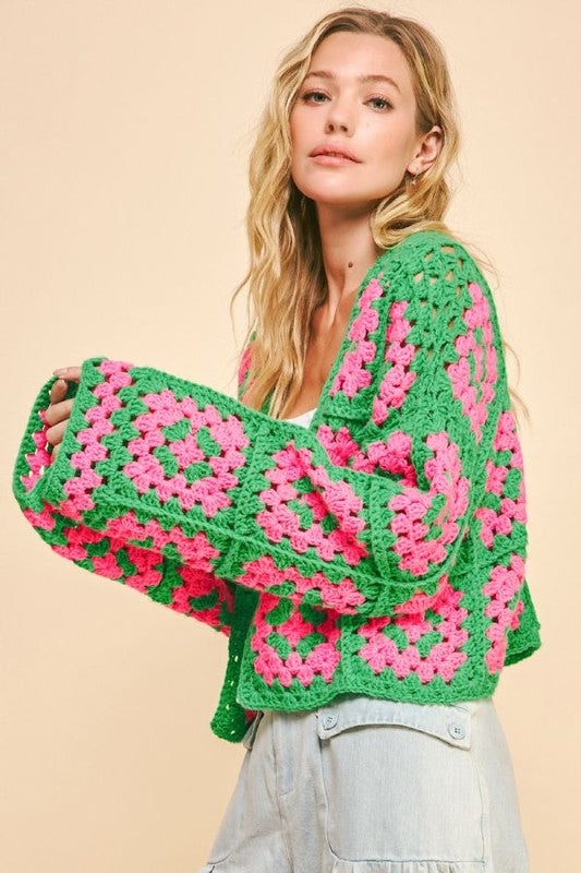 Davi & Dani Two Tone Flower Crochet Cardigan