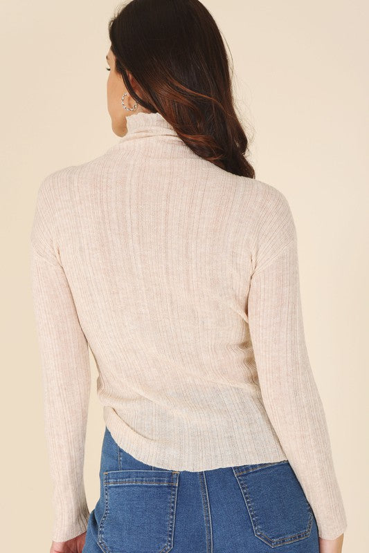 Wool blended mock neck sheer sweater