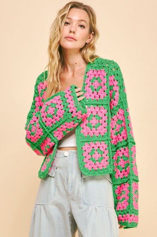 Davi & Dani Two Tone Flower Crochet Cardigan