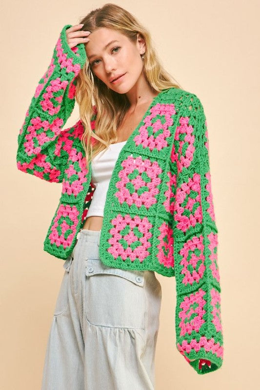 Davi & Dani Two Tone Flower Crochet Cardigan