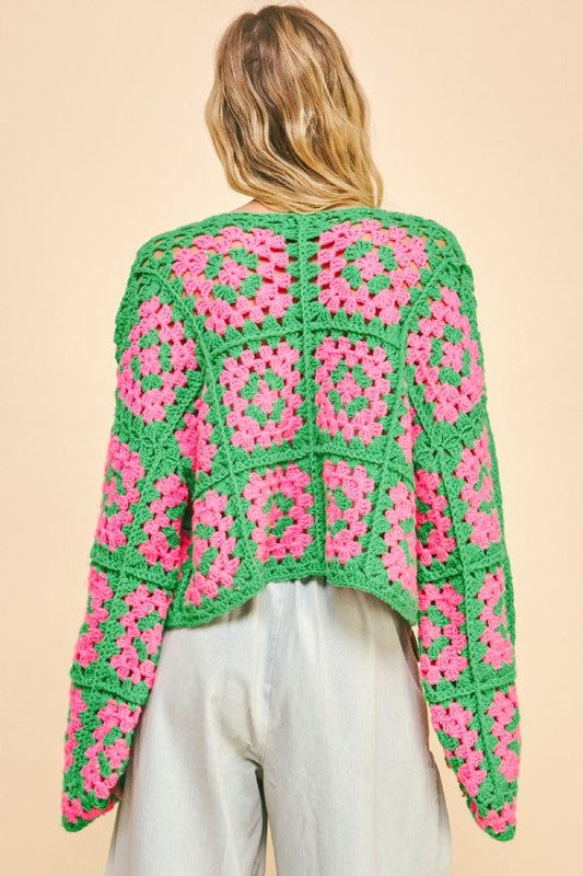 Davi & Dani Two Tone Flower Crochet Cardigan