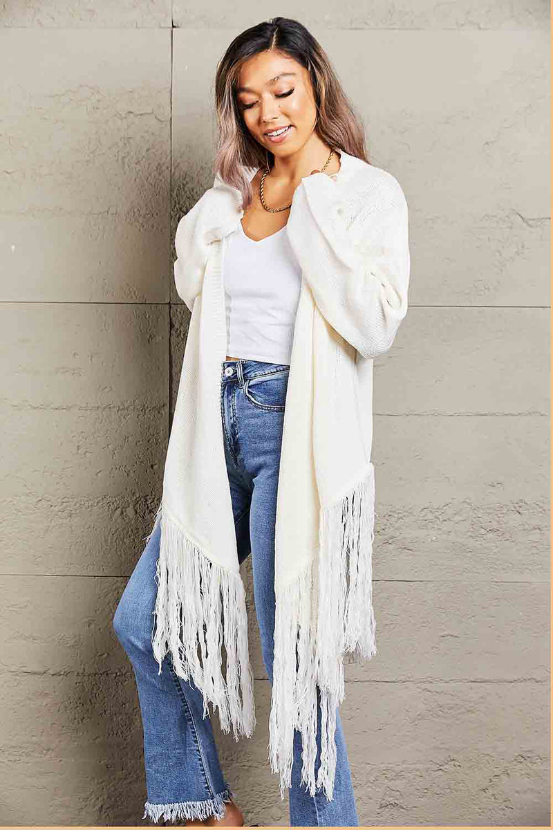 Double Take Fringe Hem Open Front Ribbed Trim Cardigan