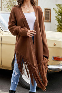 Double Take Fringe Hem Open Front Ribbed Trim Cardigan