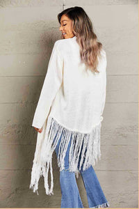 Double Take Fringe Hem Open Front Ribbed Trim Cardigan