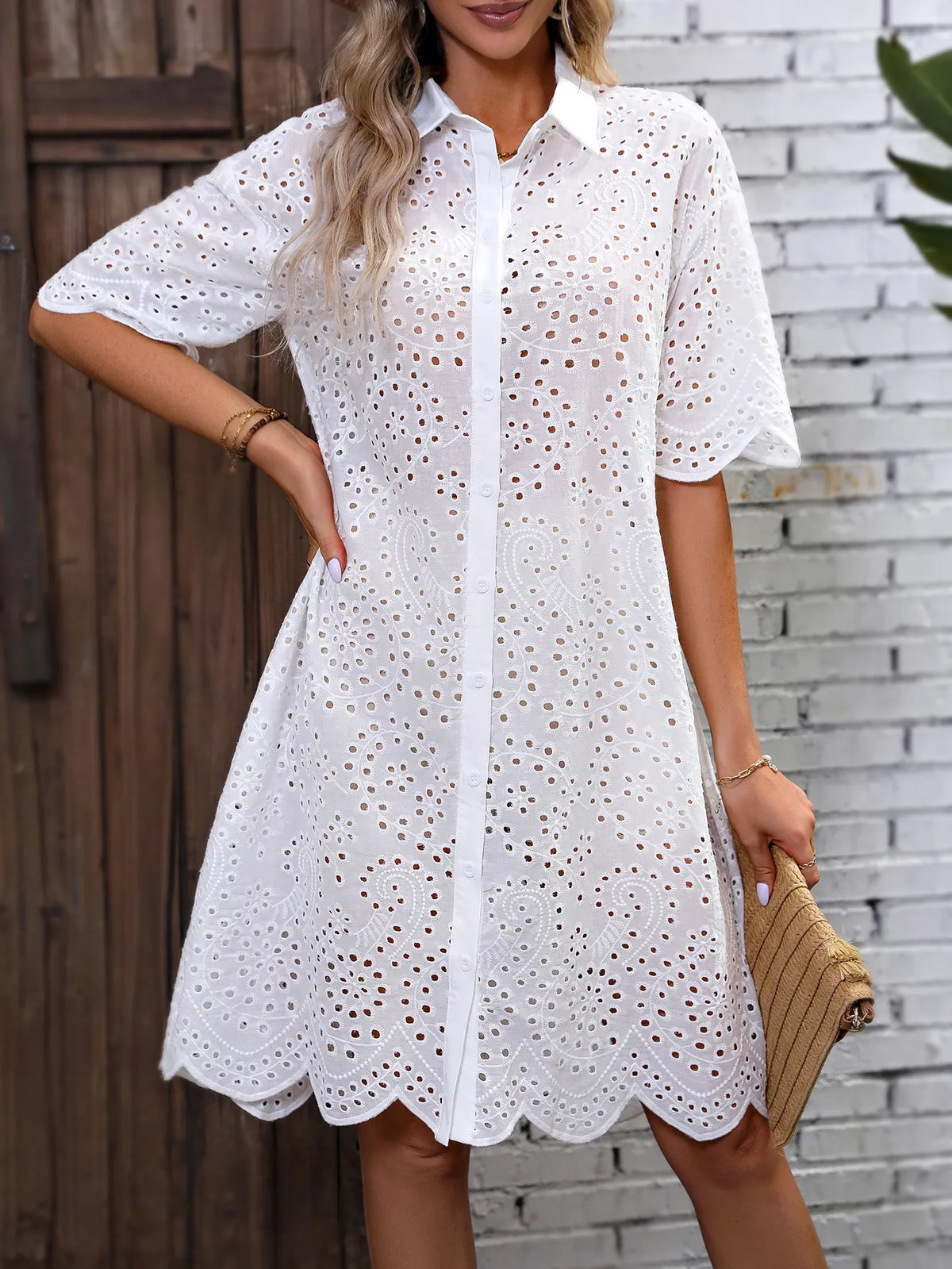 Eyelet Embroidery Drop Shoulder Dress