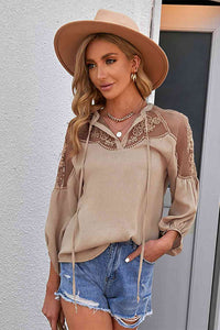 Embroidered Tie-Neck Puff Sleeve Blouse